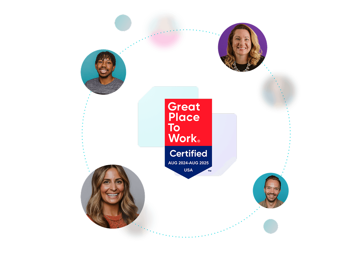 Great Place to Work logo with employee photos surrounding it