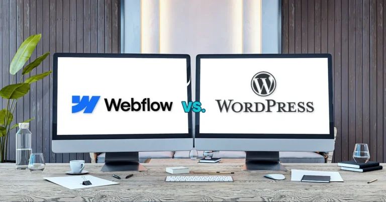 Two monitors showing Webflow and Wordpress logos