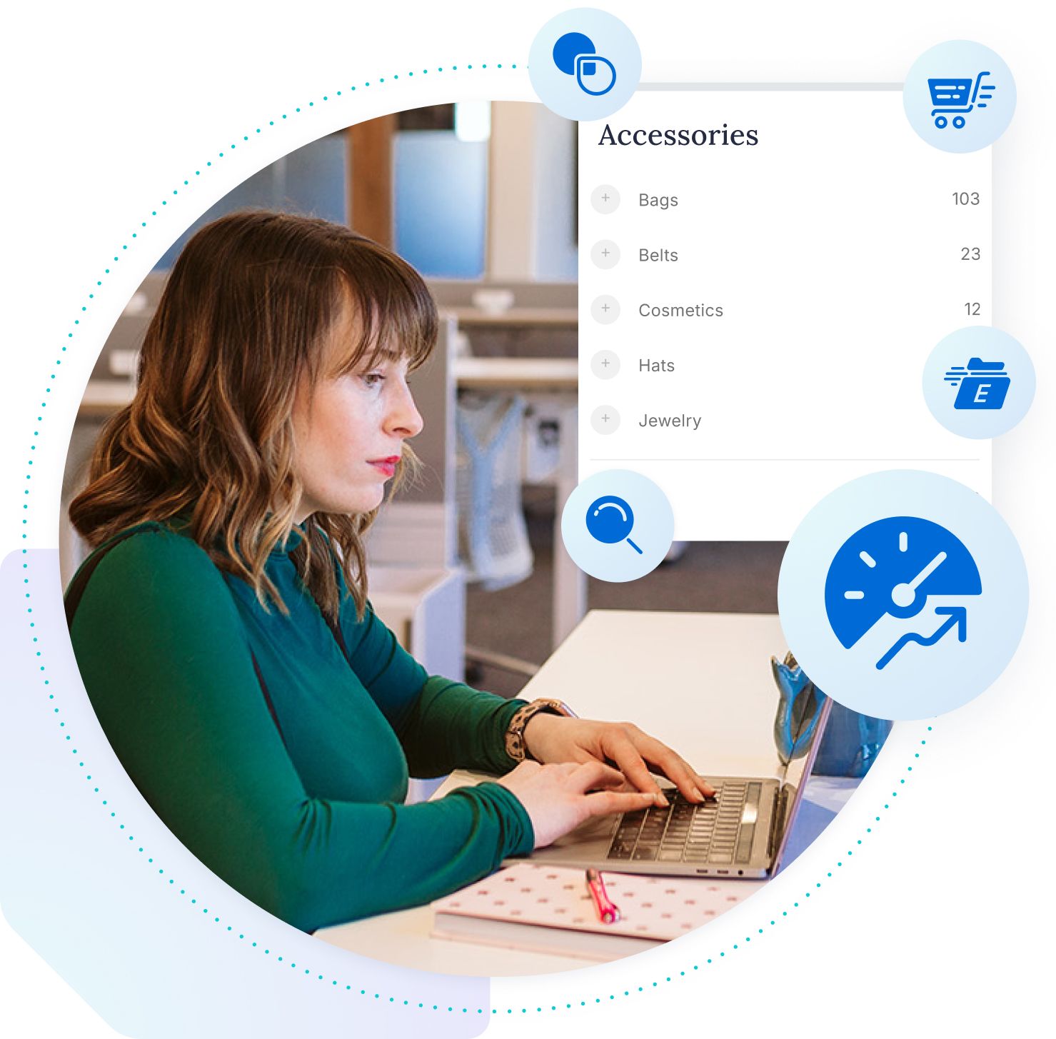 Woman working at a laptop with an overlay of the interface of her online store back end surrounded by logos of WP Engine tools