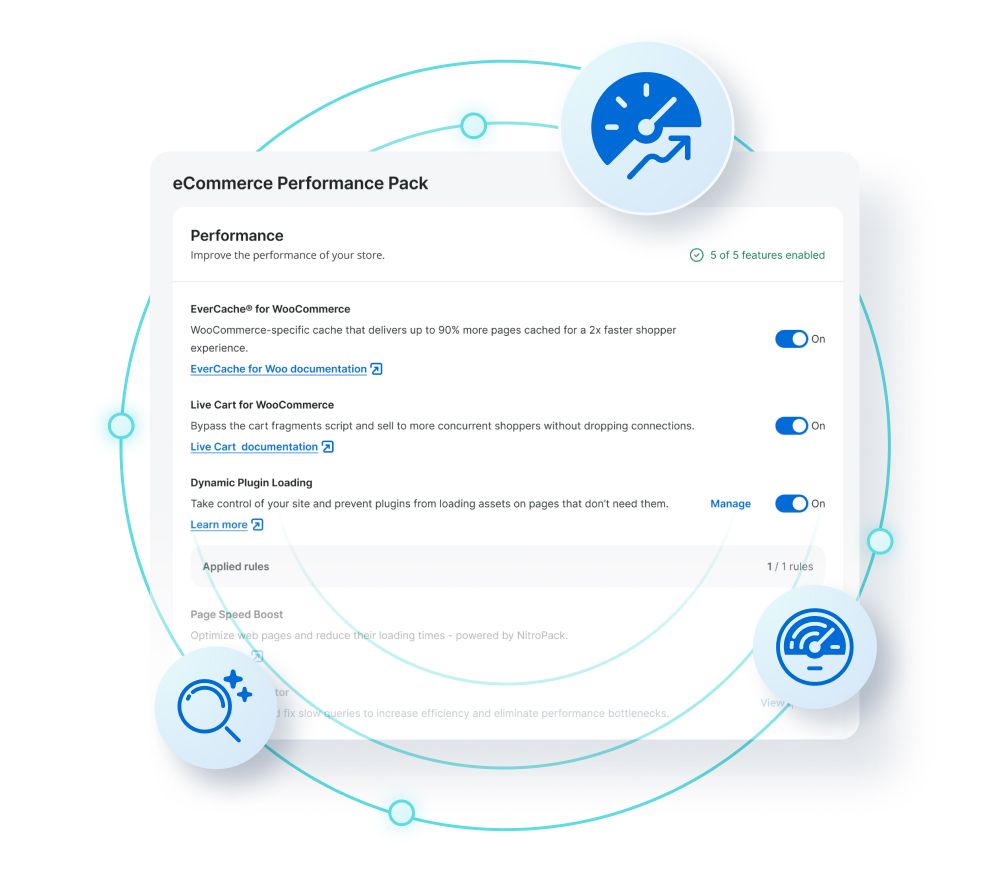 An abstract depiction of the Woo options offered by WP Engine surrounded by icons that represent those tools