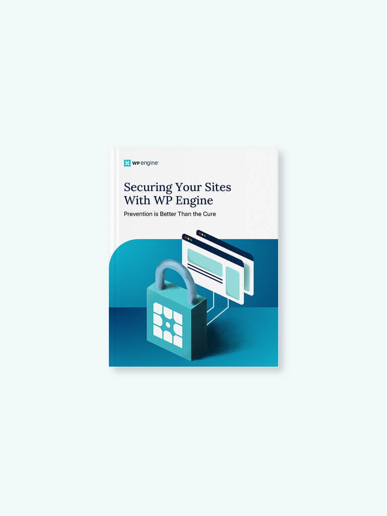 Mockup of a book with the title "Securing Your Sites with WP Engine" and an illustrated lock with web browsers behind it