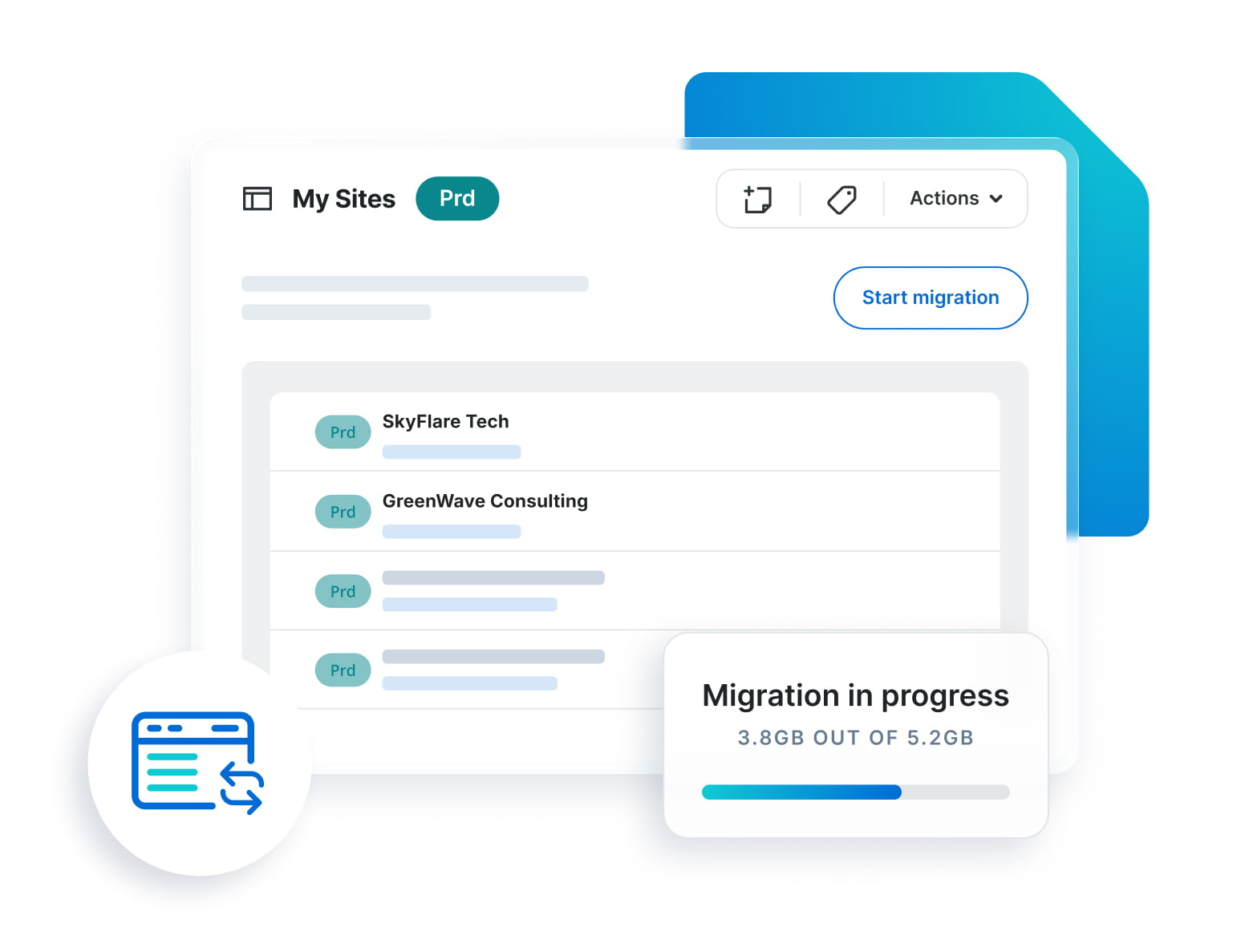 This graphic depicts the migration process with UI elements that show the site migration dashboard