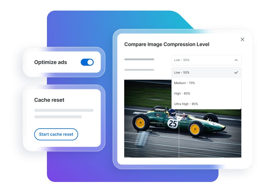 Graphic depicting image optimization, cache reset, and ad optimization in NitroPack