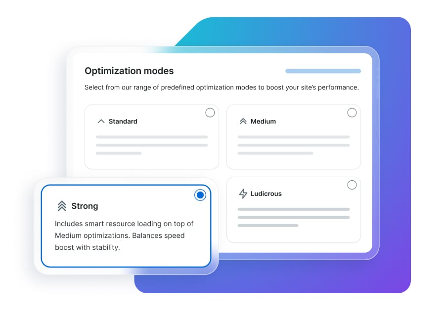 Graphic depicting the UI of the NitroPack Optimization modes, highlighting the Strong option