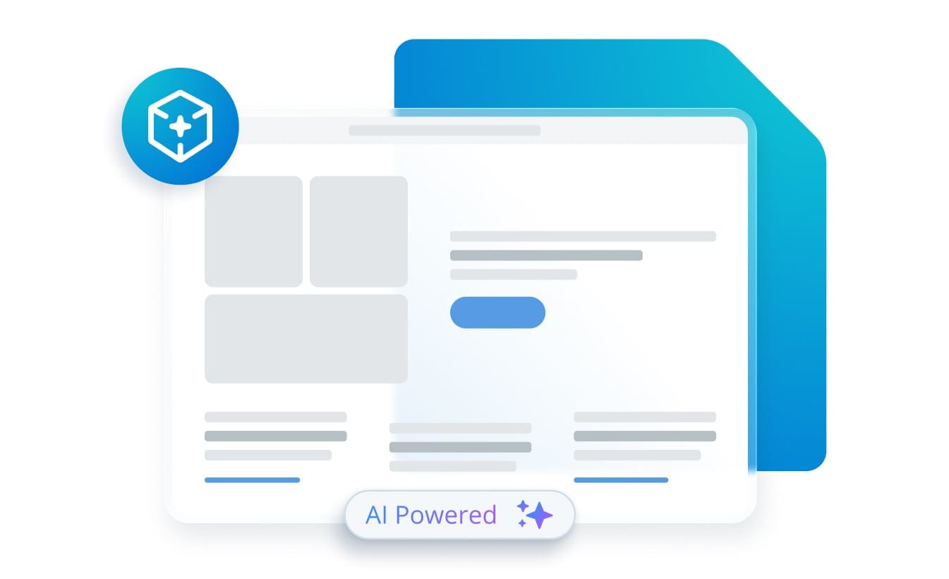 Stylized wireframe representing a website shows the WP Engine AI tools logo with. badge reading AI Powered
