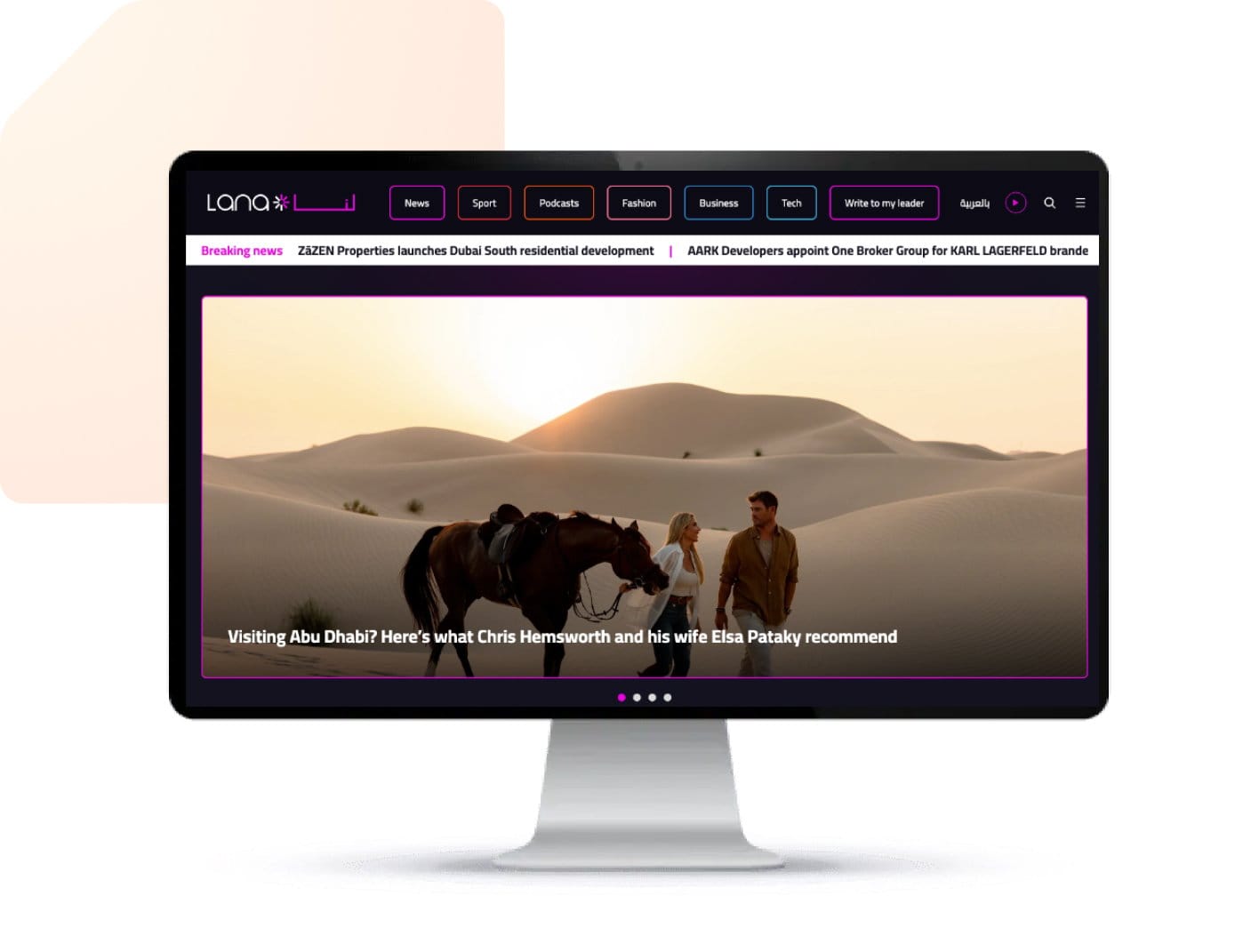 Laptop monitor displays a screenshot of the Lana home page