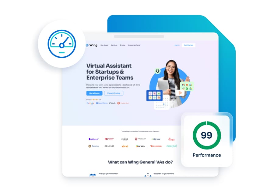 The Wing websites shows a performance score of 99