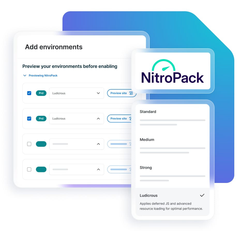 UI elements show how NitroPack's preset options for different optimizations can be applied to any environment