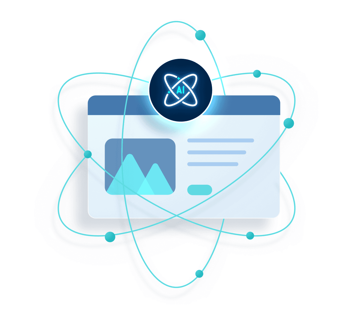 Illustration of a web page with orbits surrounding it and an AI icon on top