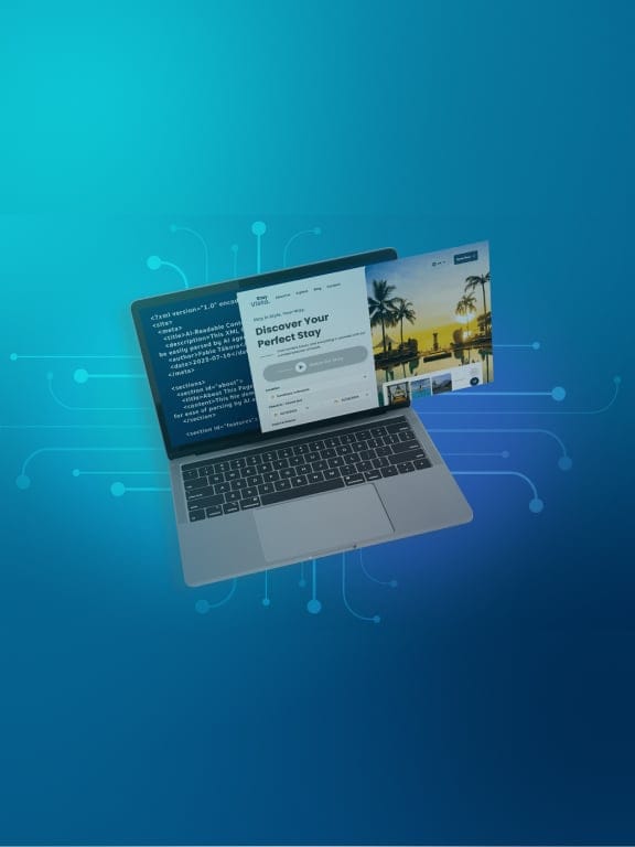 Depiction of a laptop with various website screens