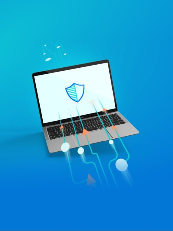 Laptop showing a shield with an abstract depiction of web traffic