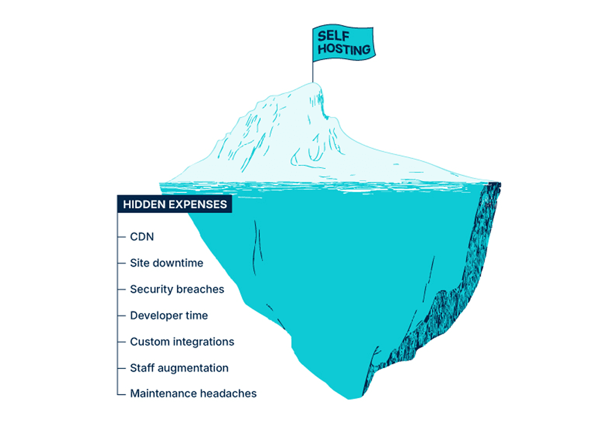 iceberg graphic about the hidden costs of self hosting