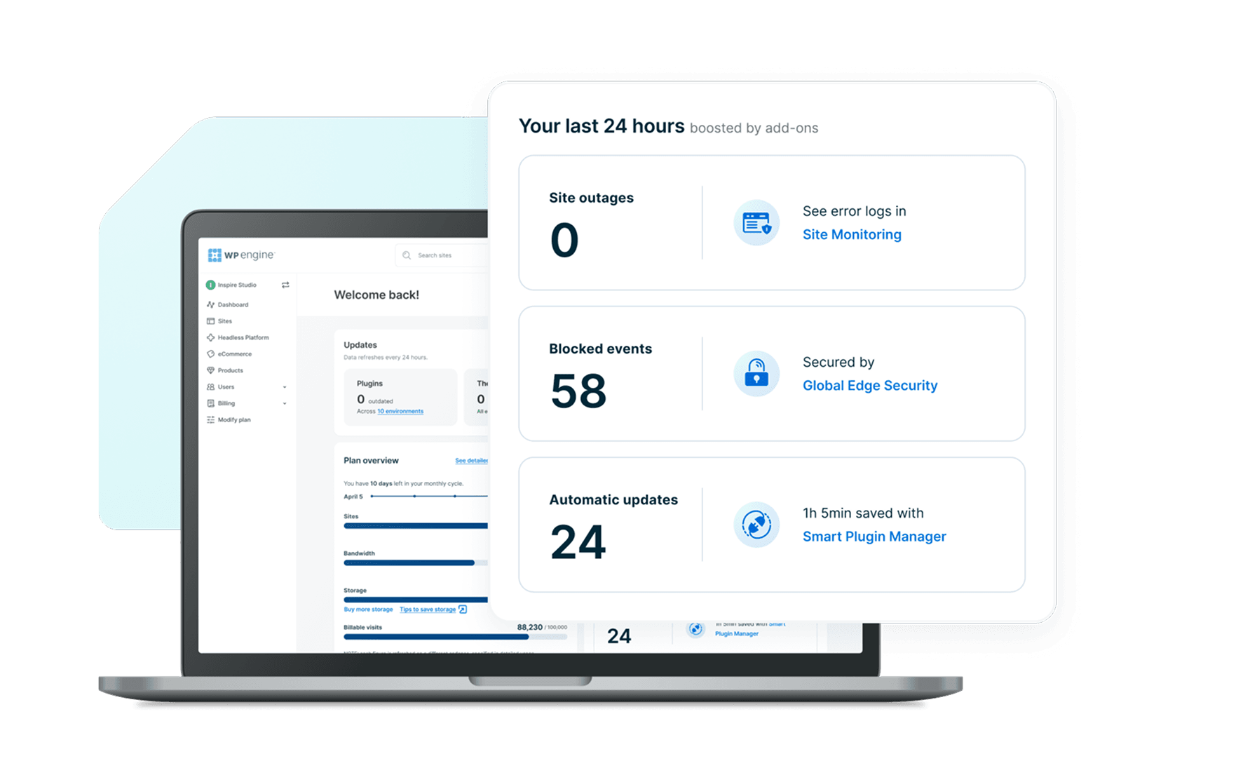 Graphic depicting the WP Engine dashboard with the focus on the alerts panel