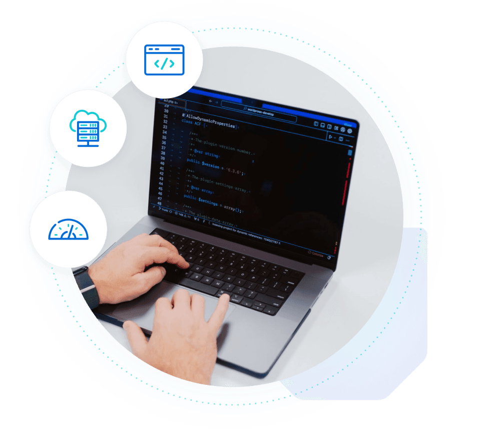 developer coding with icons for coding servers and performance