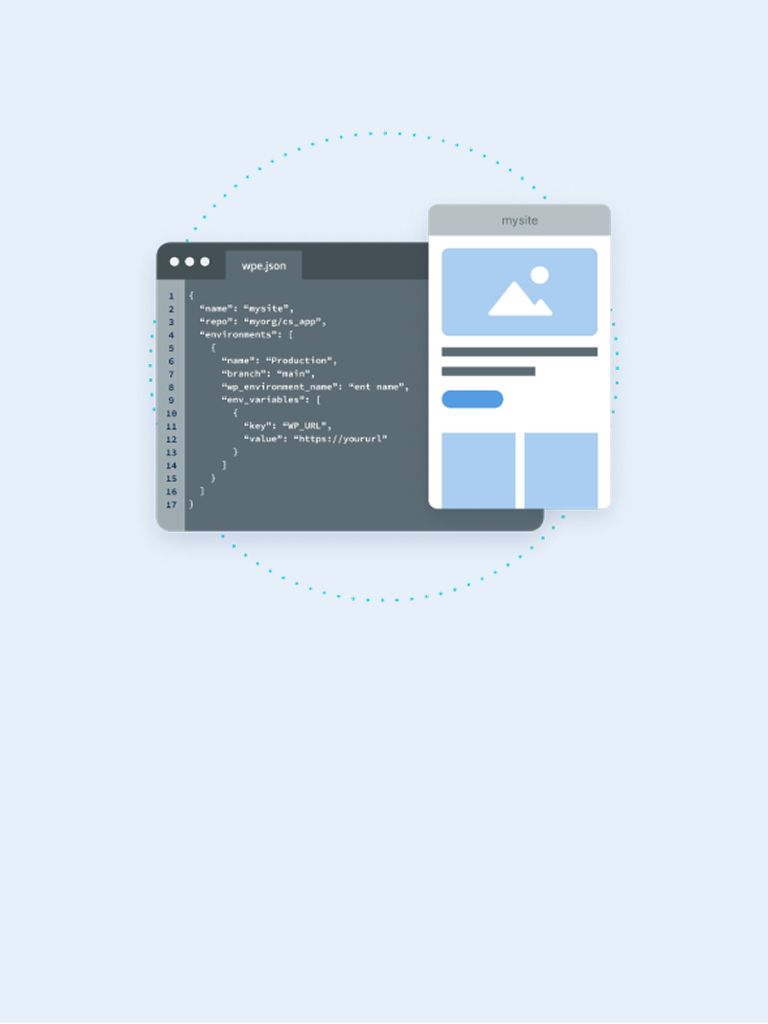Illustration of a screen of code with window of front end on top on a light blue background