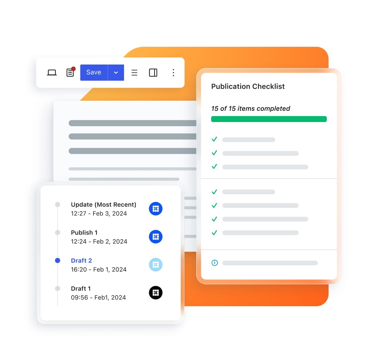 A graphic depicts various UI elements that represent different tools that are available with the Newsroom platform