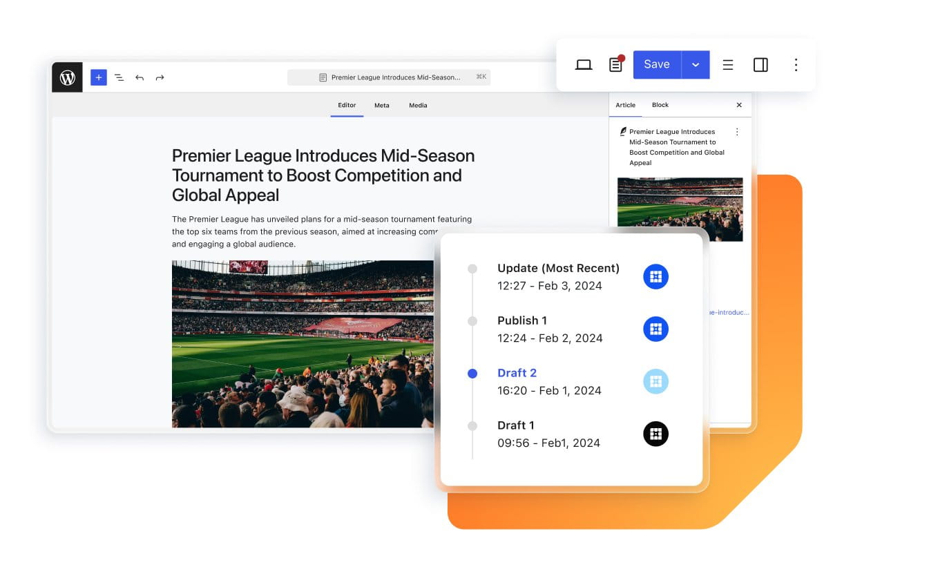 Graphic depicting WP Engine Newsroom tools integrating with an post interface