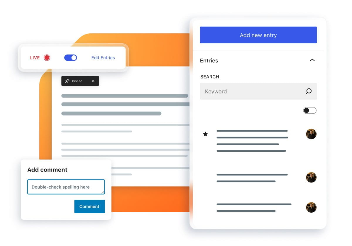 Illustrations of UI elements depict the Newsroom platform's editorial operations tools