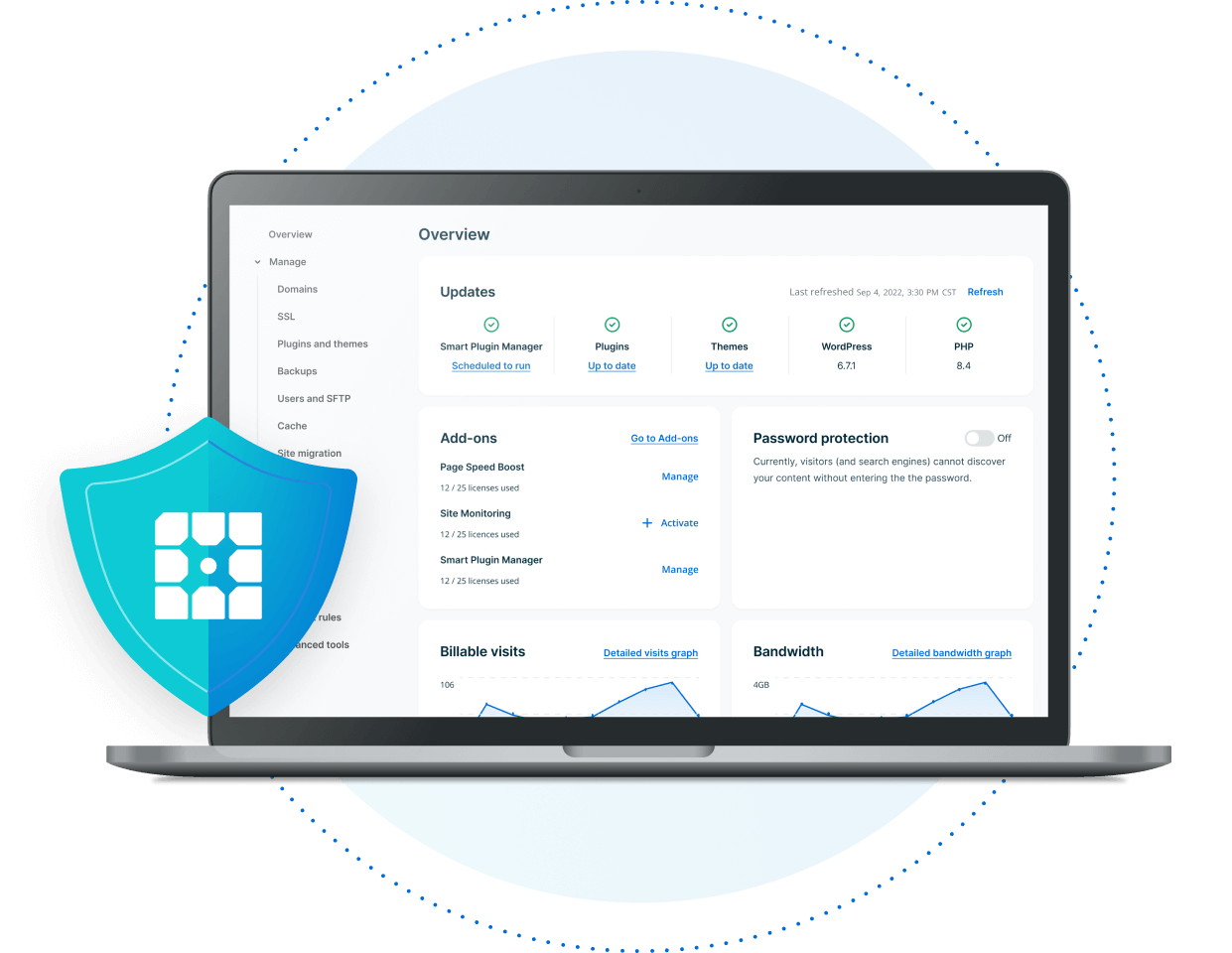 Laptop displaying WP Engine dashboard with shield icon overlaying