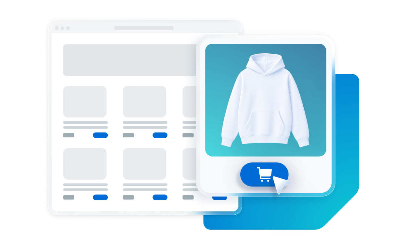 Graphic illustrating conversions by showing a user adding a product to their cart