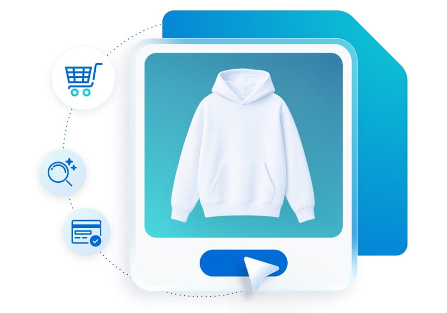 Graphic showing a product card surrounded by WP Engine tool icons that help drive conversions