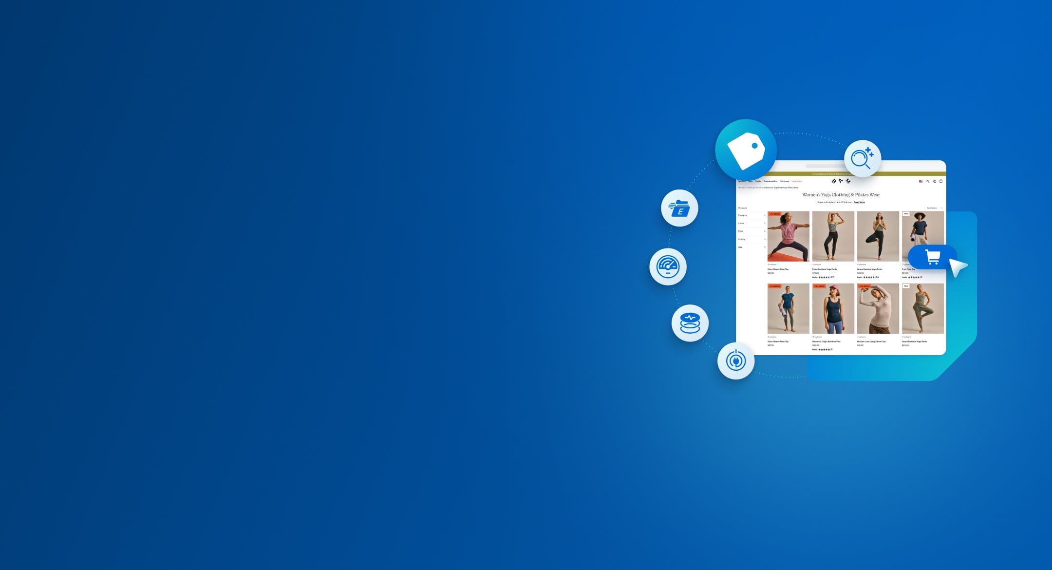 Illustration of various WP Engine tool UI elements and product logos surrounding an ecommerce site