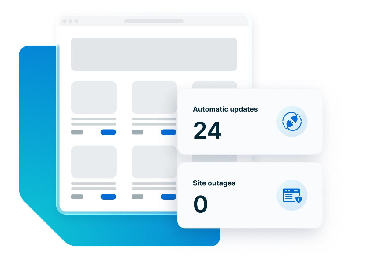 UI elements representing the WP Engine workflow tools above an illustration of an eCommerce website