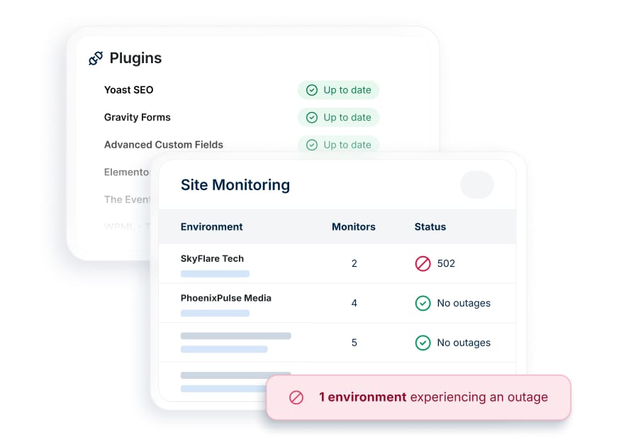 Dashboard shows all plugins are up to date and that one site environment is experiencing an outage.