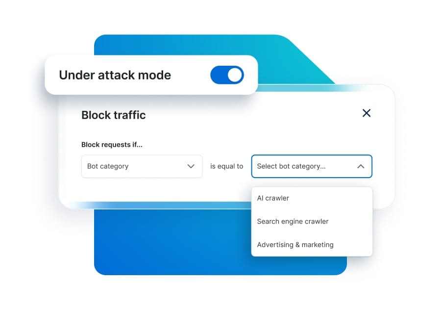 Block specific block traffic or activate Under Attack Mode for instant defense