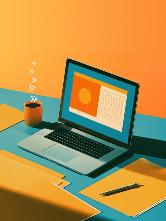 Illustration of a laptop with a publishing site on the screen and a coffee mug sitting next to it with AI stars floating above it like steam