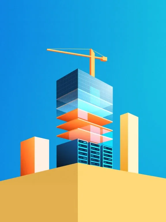Illustration of a skyscraper being built with servers as the base