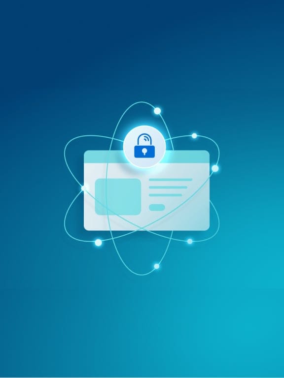 Illustration of a website mockup as the center of an atom with an icon of a lock