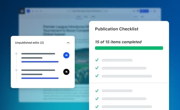 Blurred image of a publishing back end with illustrated editing and publication checklist UI elements overlaid